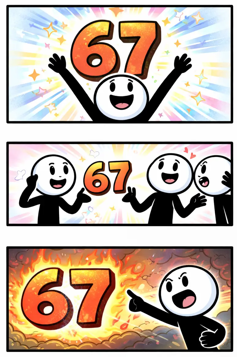 Drie-panelen stripafbeelding in Toonwords-stijl met een stickman die het woord 67 verbeeldt.