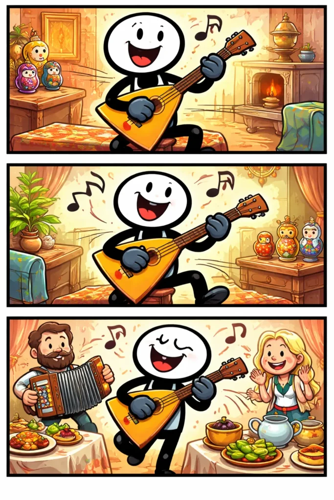 Drie-panelen stripafbeelding van een stickman die een balalaika vasthoudt, bespeelt en ervan geniet in kleurrijke Toonwords-stijl – Toonword: Balalaika.