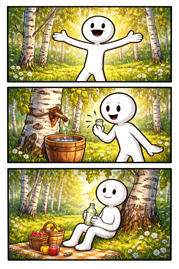 Stripafbeelding van een berkenboom met een blanke stickman in Toonwords-stijl in een groen bosgebied.