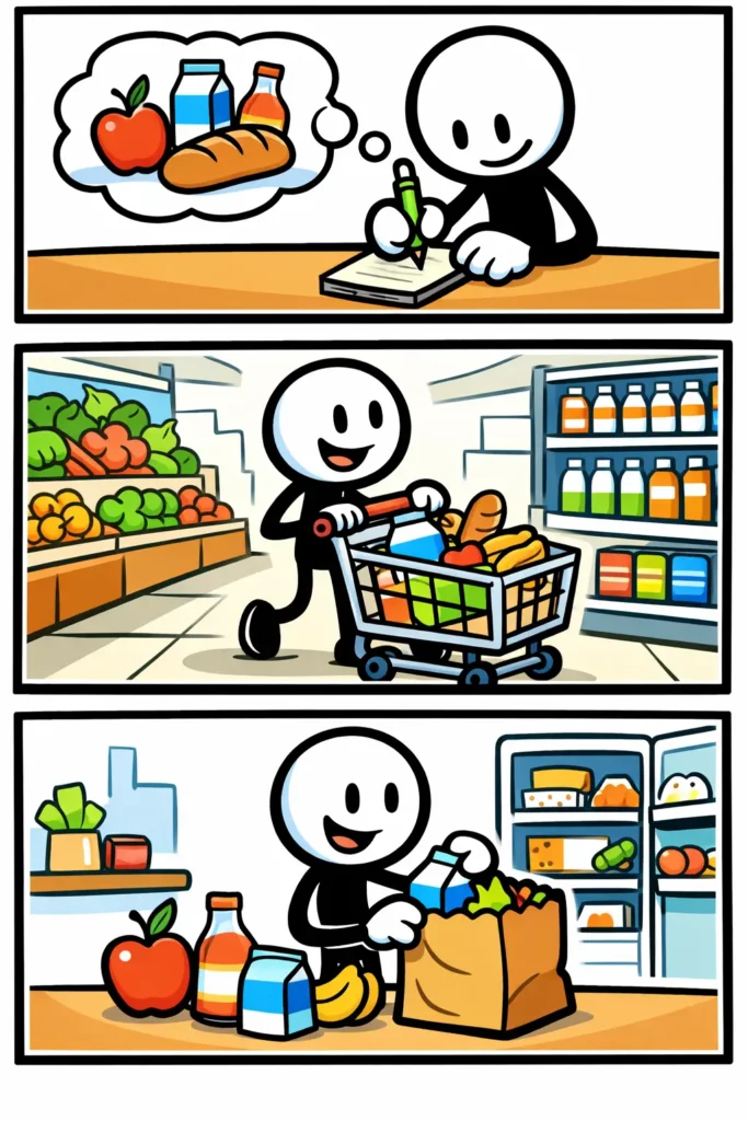 Driepanelige stripafbeelding in Toonwords-stijl met een stickman die een boodschappenlijstje gebruikt tijdens het winkelen, in kleur, zonder tekst.