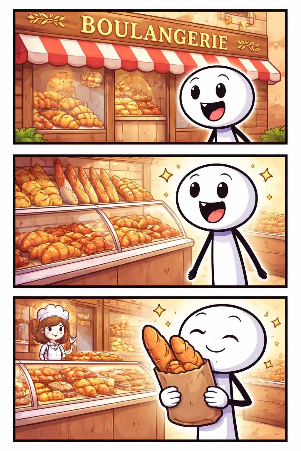 Stripafbeelding in Toonwords-stijl van een stickman bij een Franse boulangerie met vers brood en warme kleuren.
