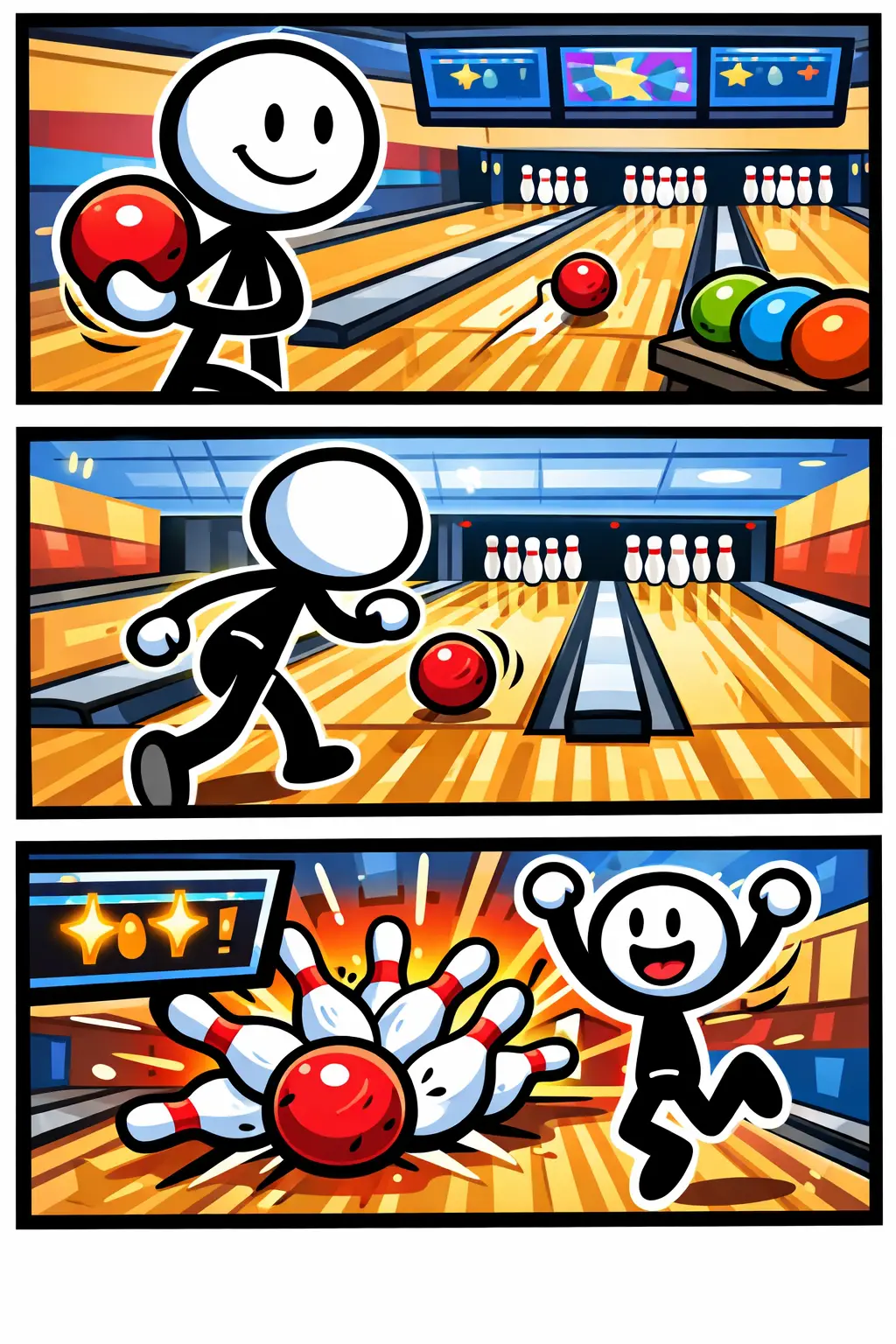 Alt-tekst: Stickman in Toonwords-stijl op een bowlingbaan, met een gekleurde bal en omvallende kegels, zonder tekst, met het woord Bowlingbaan als onderwerp.