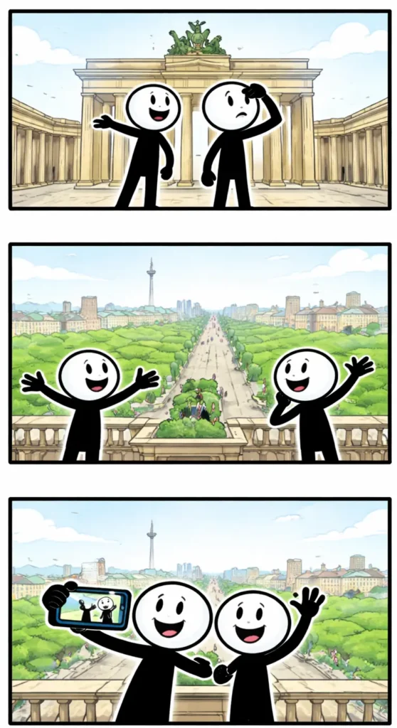 Drie-panelen stripafbeelding in Toonwords-stijl met stickman-figuurtjes bij de Brandenburger Tor in Berlijn.