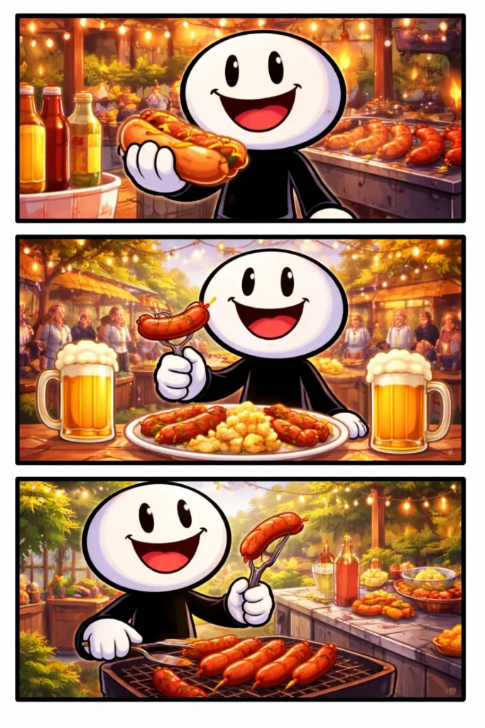 Driepanelige Toonwords-strip met een stickman die geniet van bratwurst in verschillende gezellige Duitse sferen, passend bij het Nederlandse woord “bratwurst”.