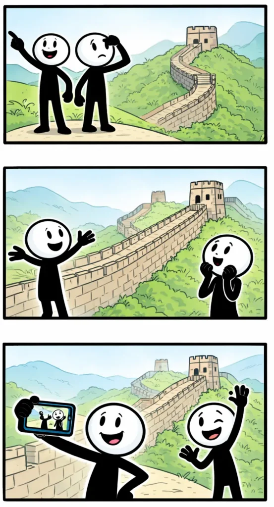 Drie-panelen stripafbeelding in Toonwords-stijl met stickman-figuurtjes bij de Chinese Muur in Noord-China.