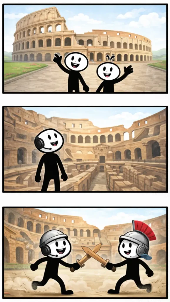 Drie-panelen stripafbeelding in Toonwords-stijl met stickman-figuurtjes bij het Colosseum, passend bij het Nederlandse woord Colosseum.
