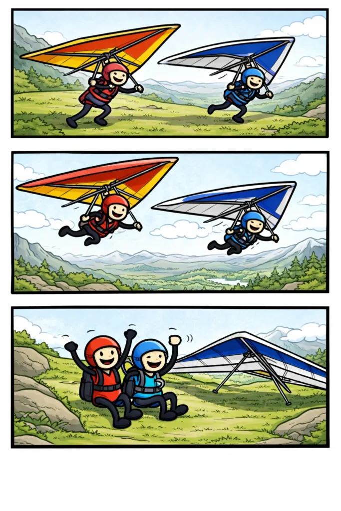 Stripafbeelding van het toonword Deltavliegen met stickman-figuurtjes die met een deltavlieger van een heuvel starten, door de lucht zweven en veilig landen.