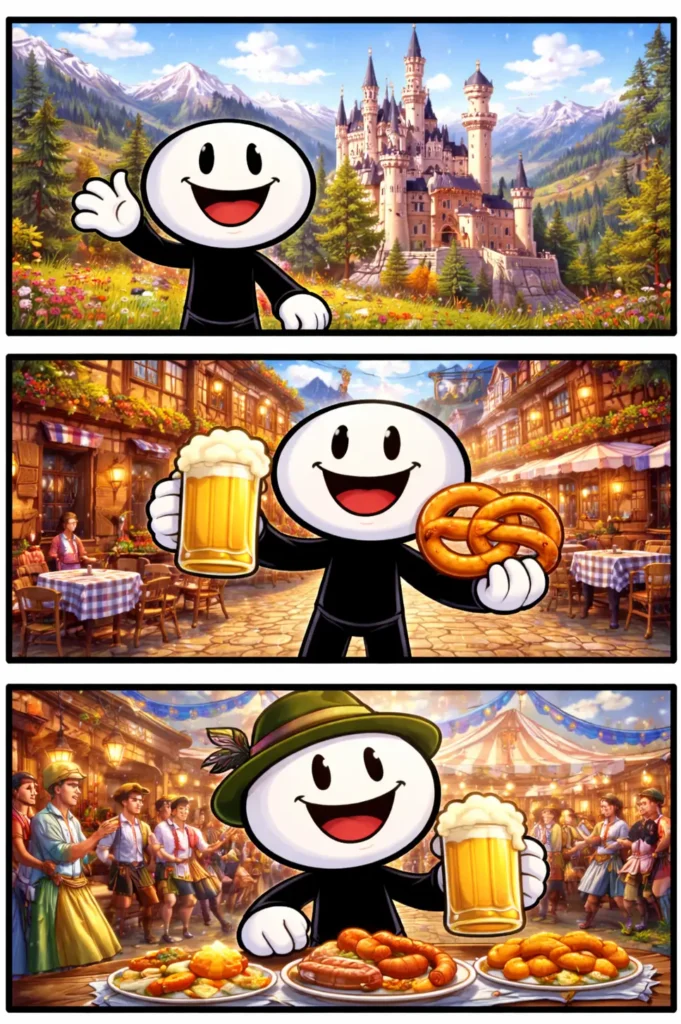 Driepanelige Toonwords-strip met een stickman in scènes die typisch zijn voor Duitsland, passend bij het Nederlandse woord “Duitsland”.