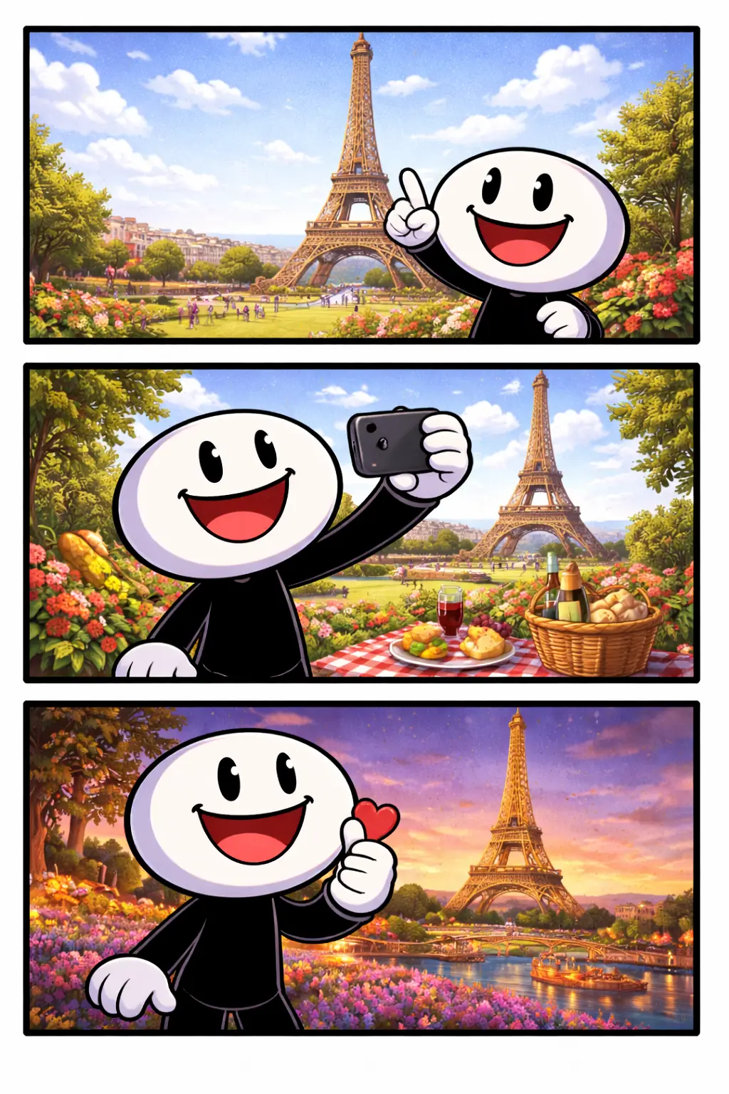 Driepanelige Toonwords-strip met een stickman bij de Eiffeltoren in verschillende Franse sferen, passend bij het Nederlandse woord “Eiffeltoren”.