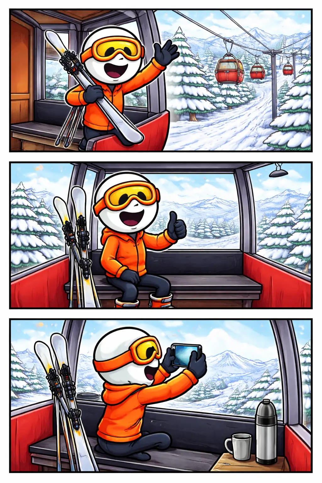 Stickman in Toonwords-stijl die vrolijk in een gondel zit terwijl hij over een besneeuwd berglandschap zweeft.