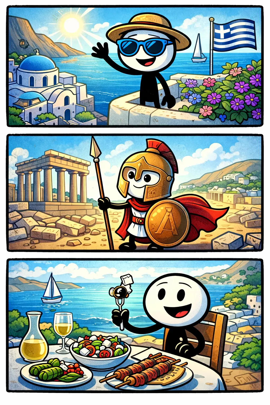 Stripafbeelding in Toonwords-stijl van een stickman over Griekenland met drie panelen onder elkaar.
