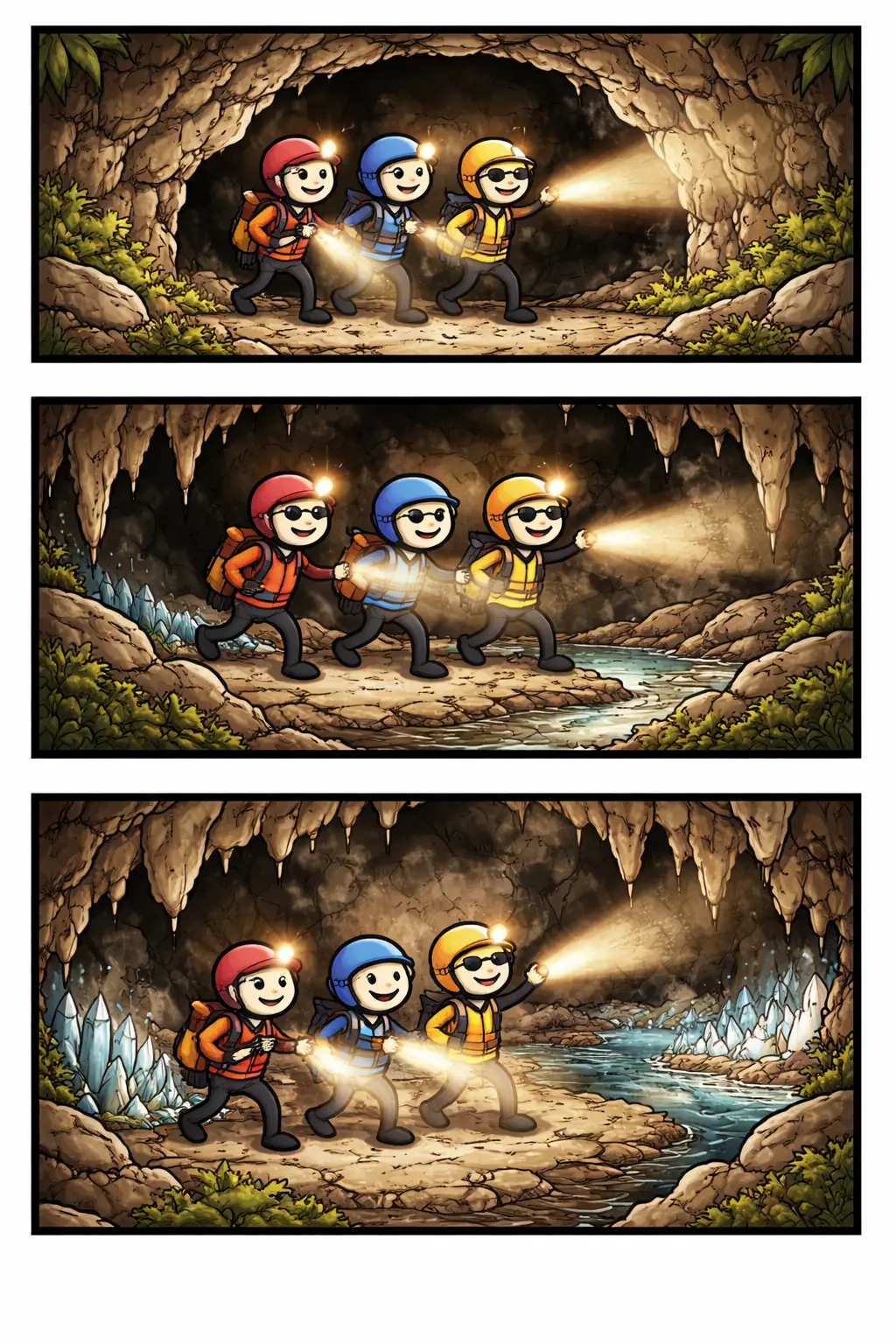 Stripafbeelding van het toonword Grotverkennen met stickman-figuurtjes die met helmen en lampen een grot binnengaan, langs rotsen en ondergrondse waterstromen.