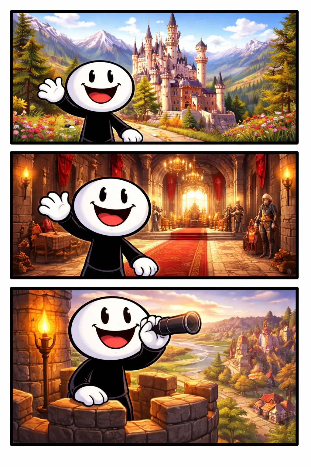 Driepanelige Toonwords-strip met een stickman bij een groot, sfeervol kasteel, passend bij het Nederlandse woord “kasteel”.