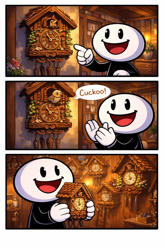 Driepanelige Toonwords-strip met een stickman die verschillende koekoeksklokken bekijkt, passend bij het Nederlandse woord “koekoeksklok”.