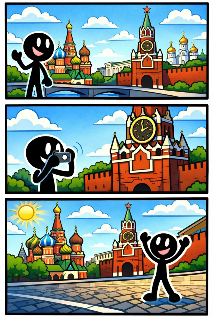 Stripafbeelding van het woord Kremlin met een stickman in Toonwords-stijl die scènes rond het Kremlin beleeft.