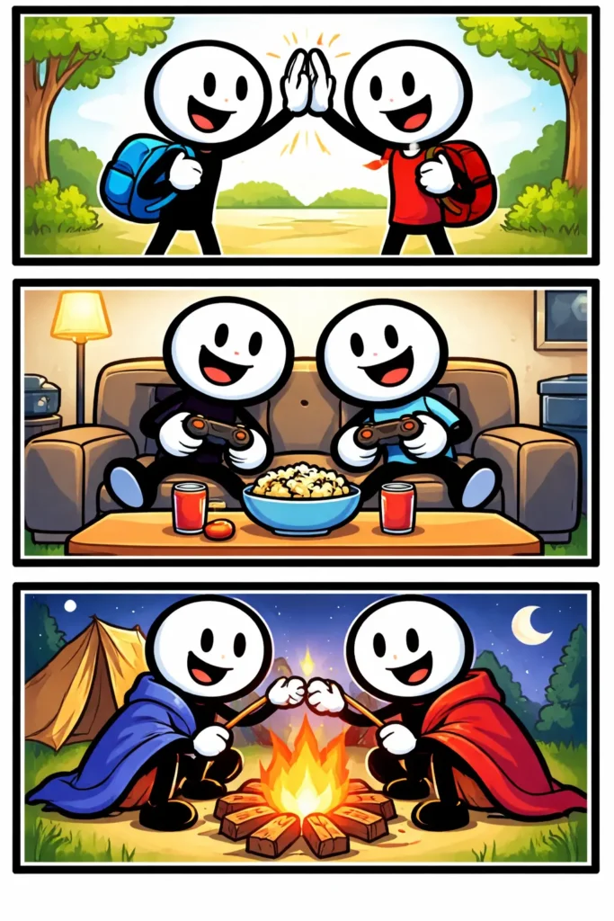 Driepanelige stripafbeelding in Toonwords-stijl met stickman Philip en zijn beste vriend die samen momenten delen, in kleur, zonder tekst.