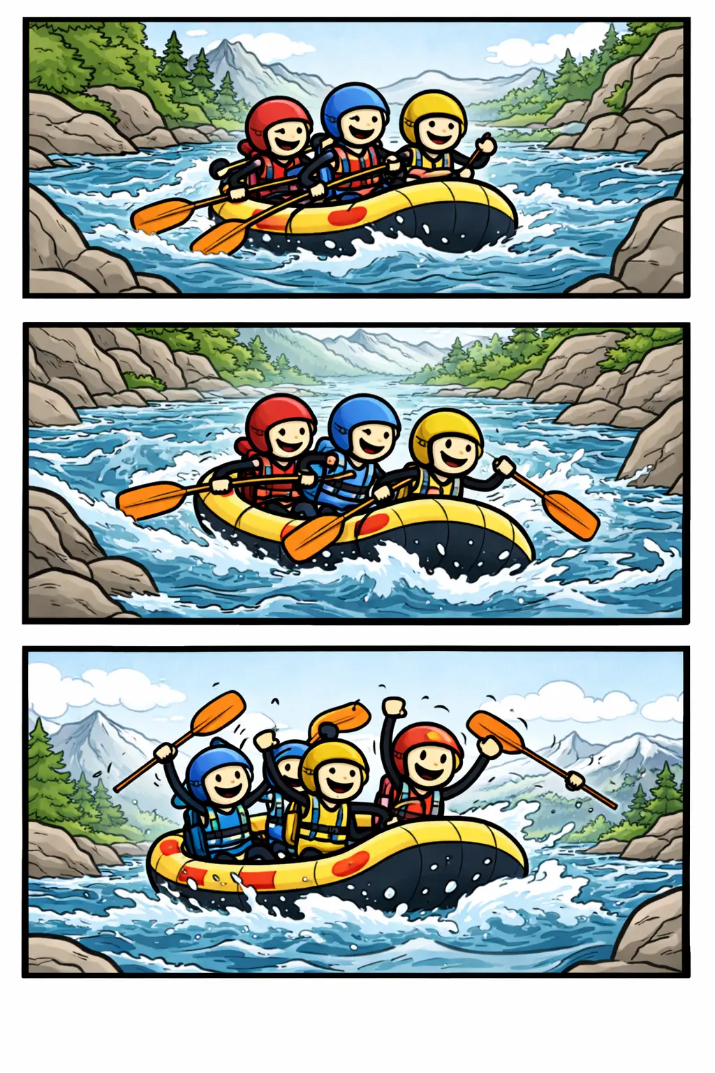 Stripafbeelding van het toonword Raften met stickman-figuurtjes die samen in een raft door wild stromend water peddelen en juichend verder varen.