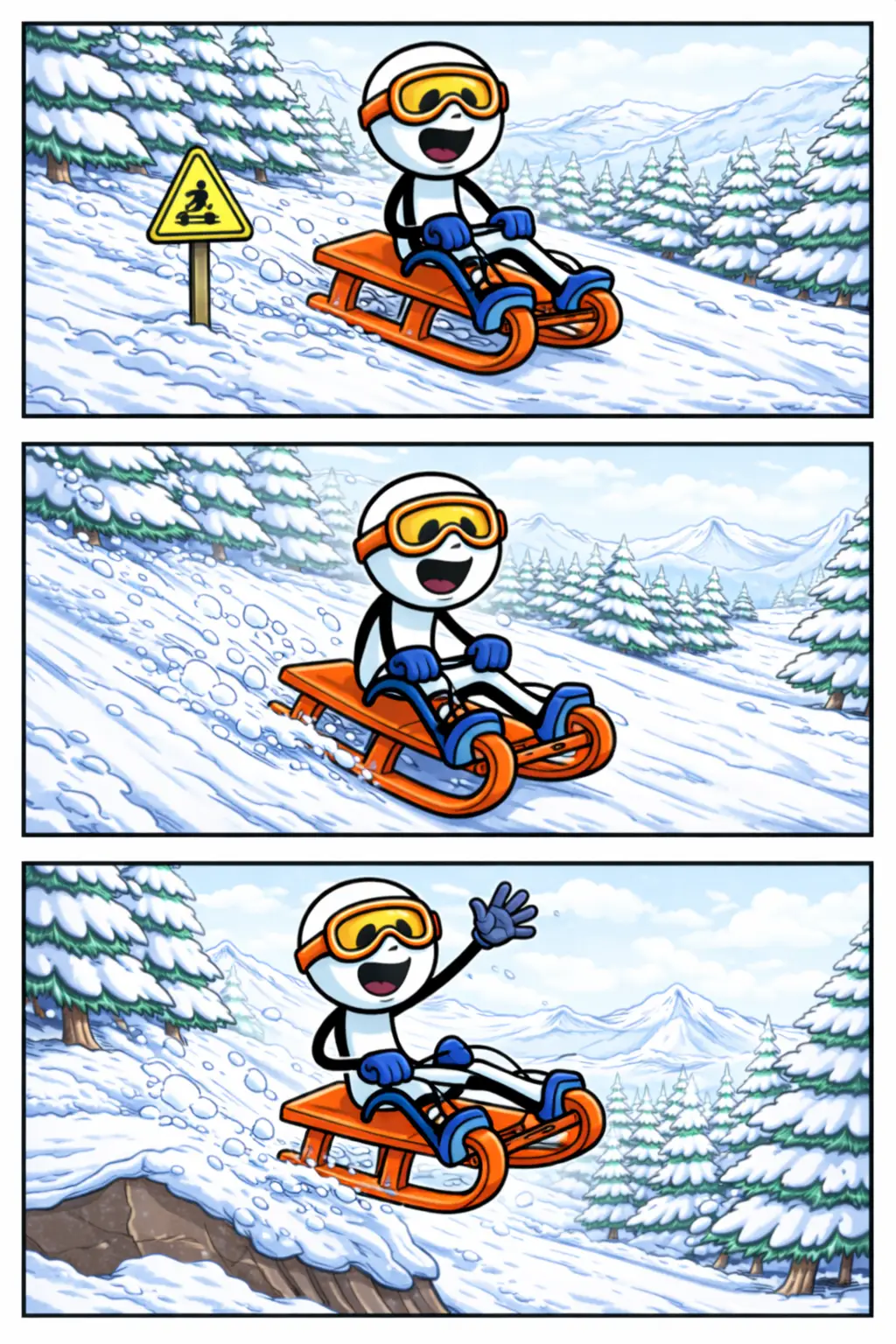 Stickman in Toonwords-stijl die vrolijk aan het rodelen is op een oranje slee in een besneeuwd berglandschap.