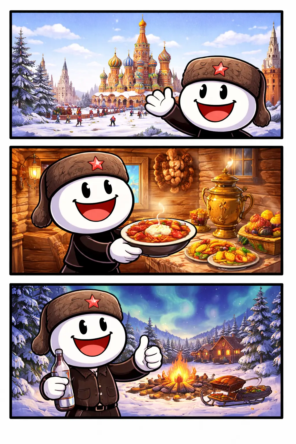 Driepanelige Toonwords-strip met een stickman bij Russische sferen zoals sneeuw, Sint-Basiliuskathedraal en traditionele gerechten, passend bij het Nederlandse woord “Rusland”.