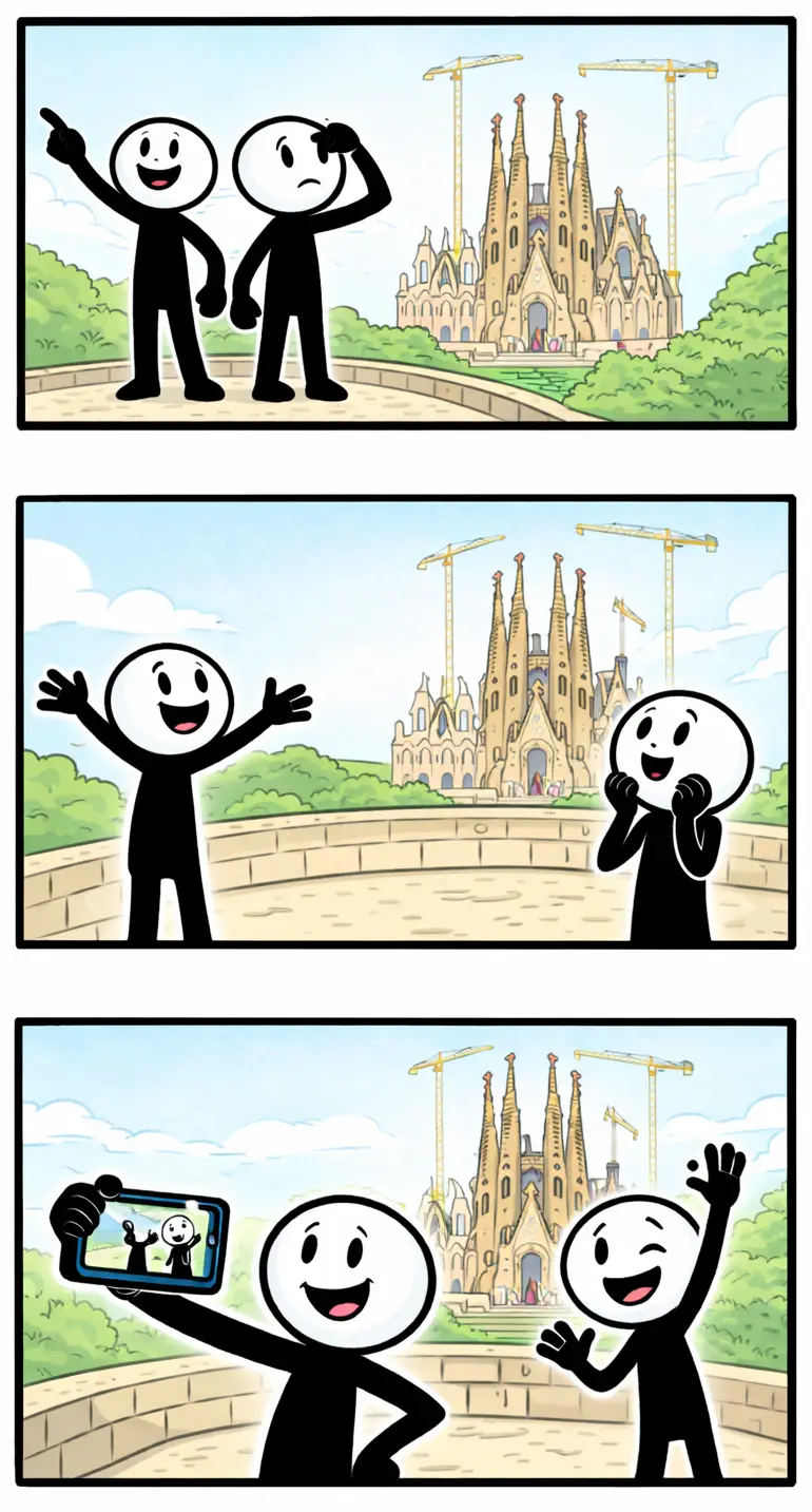 Drie-panelen stripafbeelding in Toonwords-stijl met stickman-figuurtjes bij de Sagrada Família in Barcelona.