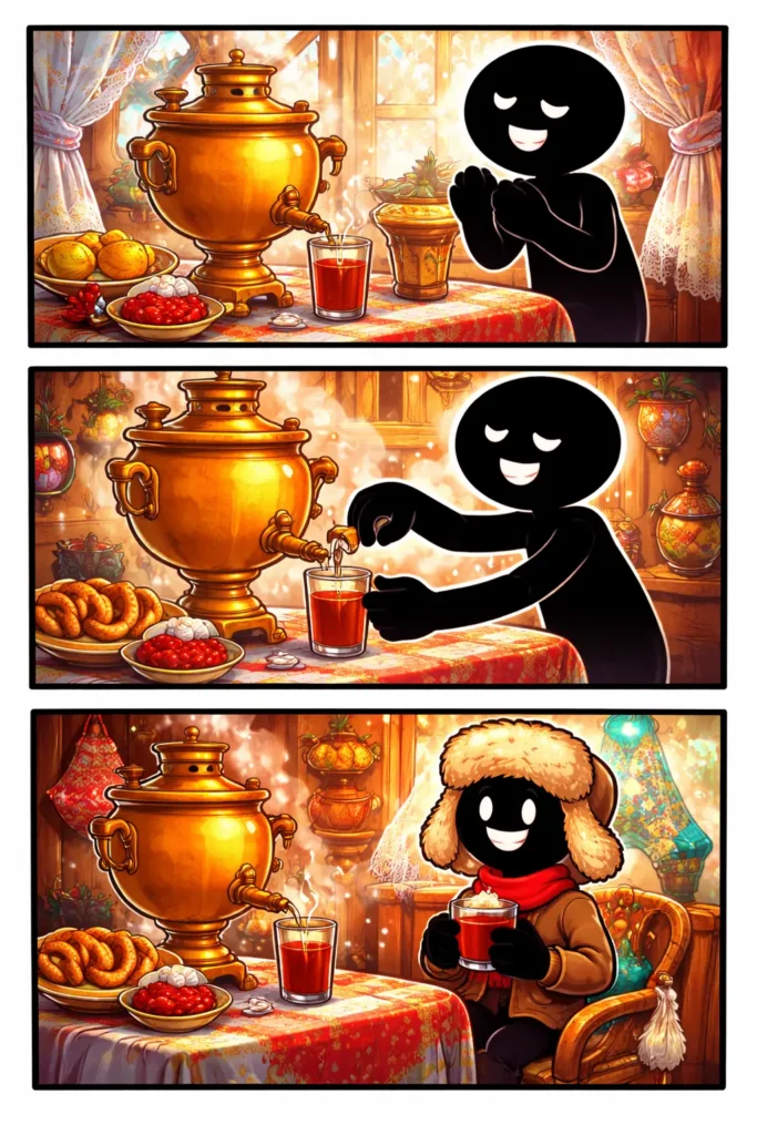 Stripafbeelding van een samovar met een stickman in Toonwords-stijl naast een traditionele theeketel.