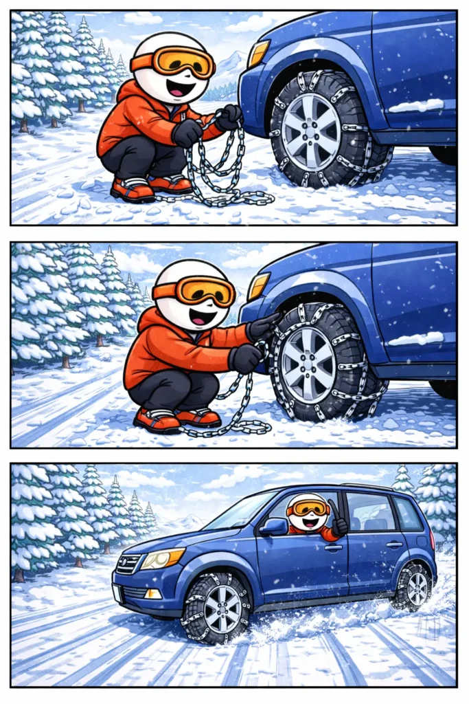 Drie-panelen stripafbeelding in Toonwords-stijl van een stickman die een sneeuwketting om een autoband legt en daarna veilig door de sneeuw rijdt, met het Nederlandse woord sneeuwketting als centraal thema.