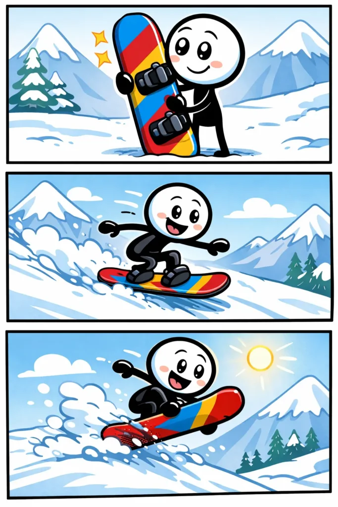 Stickman in Toonwords-stijl met een snowboard in de sneeuw, met bergen op de achtergrond.