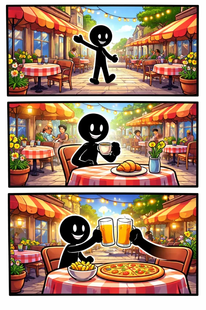 Stripafbeelding van een straatterras met een stickman in Toonwords-stijl.