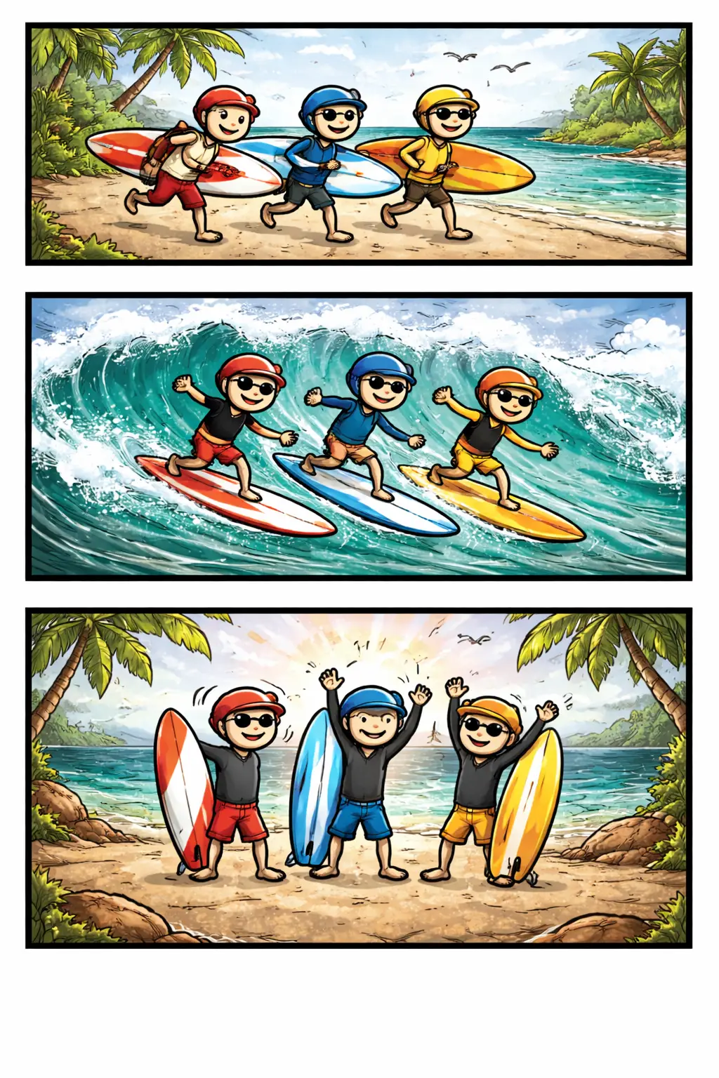 Stripafbeelding van het toonword Surfen met stickman-figuurtjes die op surfboards een golf pakken, over het water glijden en juichend uit de zee komen.