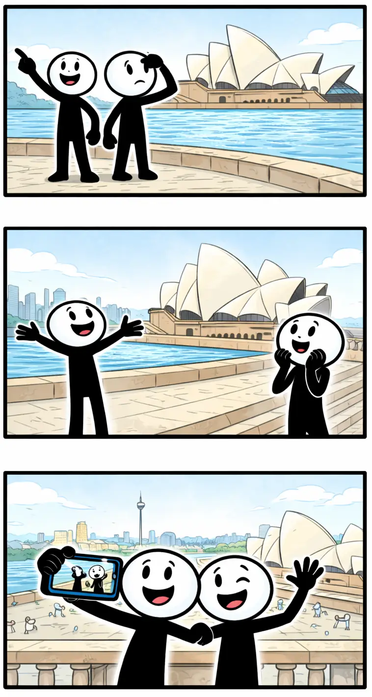 Drie-panelen stripafbeelding in Toonwords-stijl met stickman-figuurtjes bij het Sydney Opera House in Sydney, Australië.