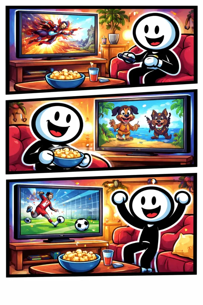 Stickman in Toonwords-stijl kijkt naar een televisie met kleurrijk scherm, zonder tekst, met het Nederlandse woord Televisie als onderwerp.