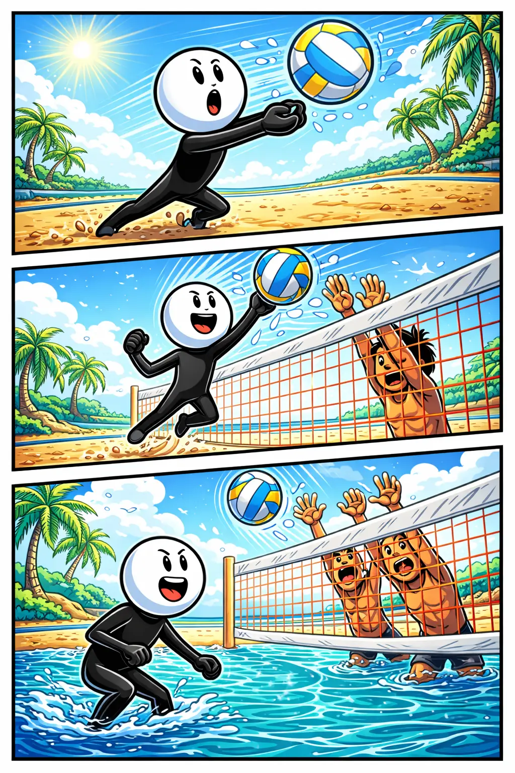 Drie-panelen stripafbeelding in Toonwords-stijl van een stickman die volleybal speelt, met het Nederlandse woord volleybal als centraal thema.