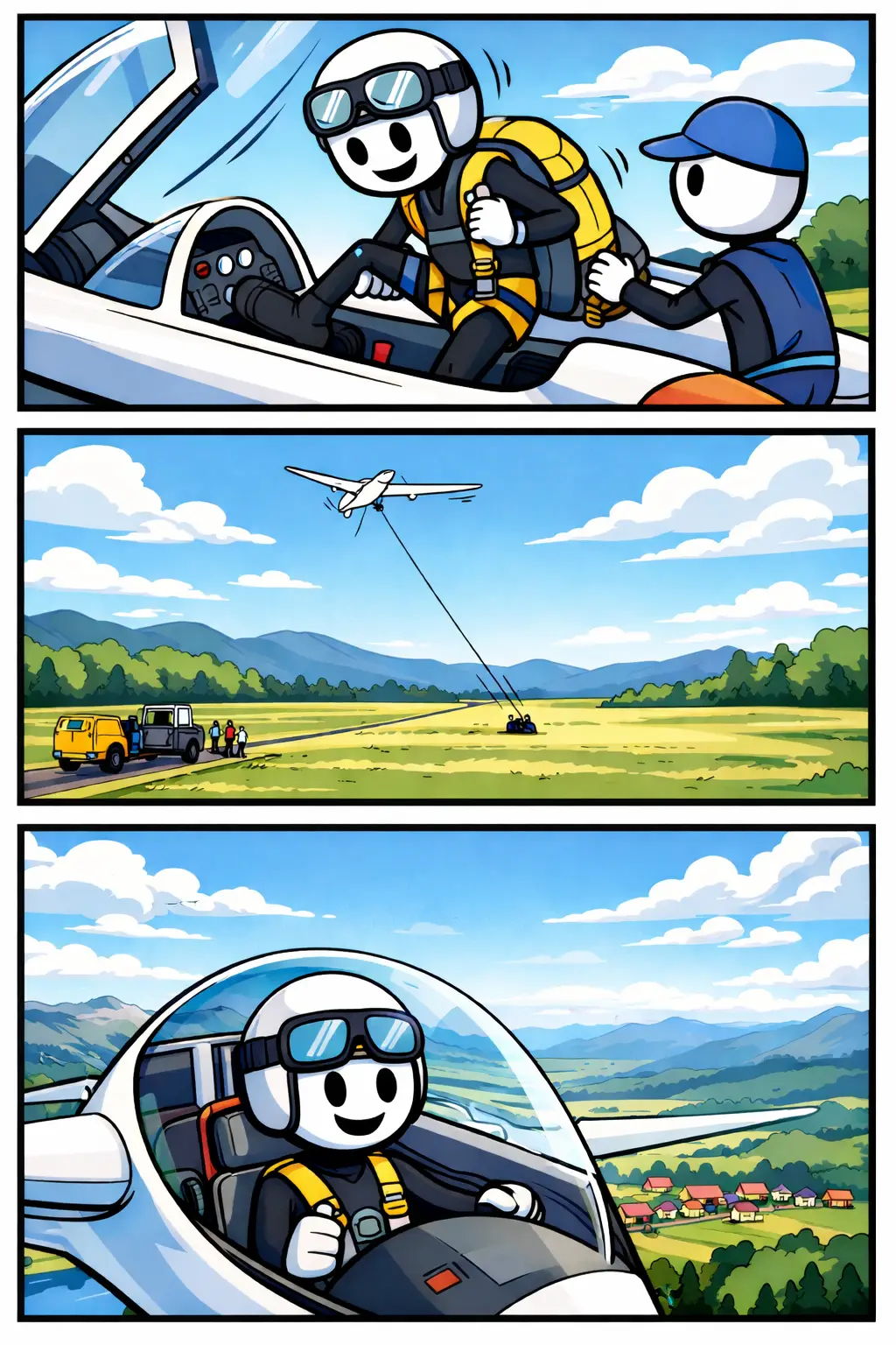 Stripafbeelding van het toonword Zweefvliegen met stickman-figuurtjes in een zweefvliegtuig dat start met lier- en sleepstart, door de lucht glijdt en veilig landt.