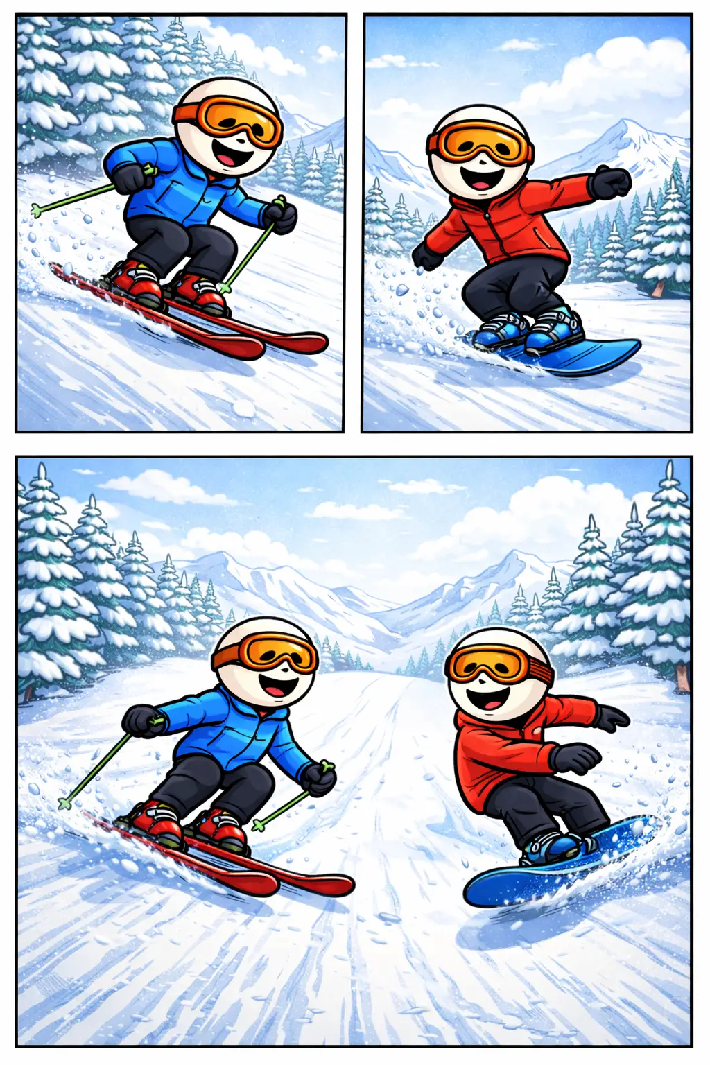 Drie-panelen stripafbeelding in Toonwords-stijl van een skiër en snowboarder tijdens een afdaling, met het Nederlandse woord afdaling als centraal thema.
