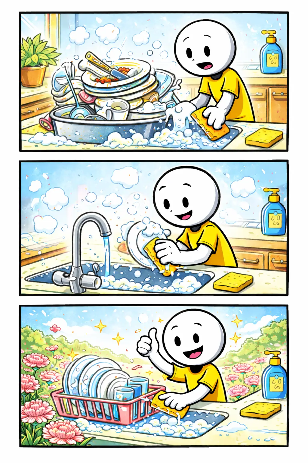 Stripafbeelding van een stickman die de afwas doet bij de gootsteen.