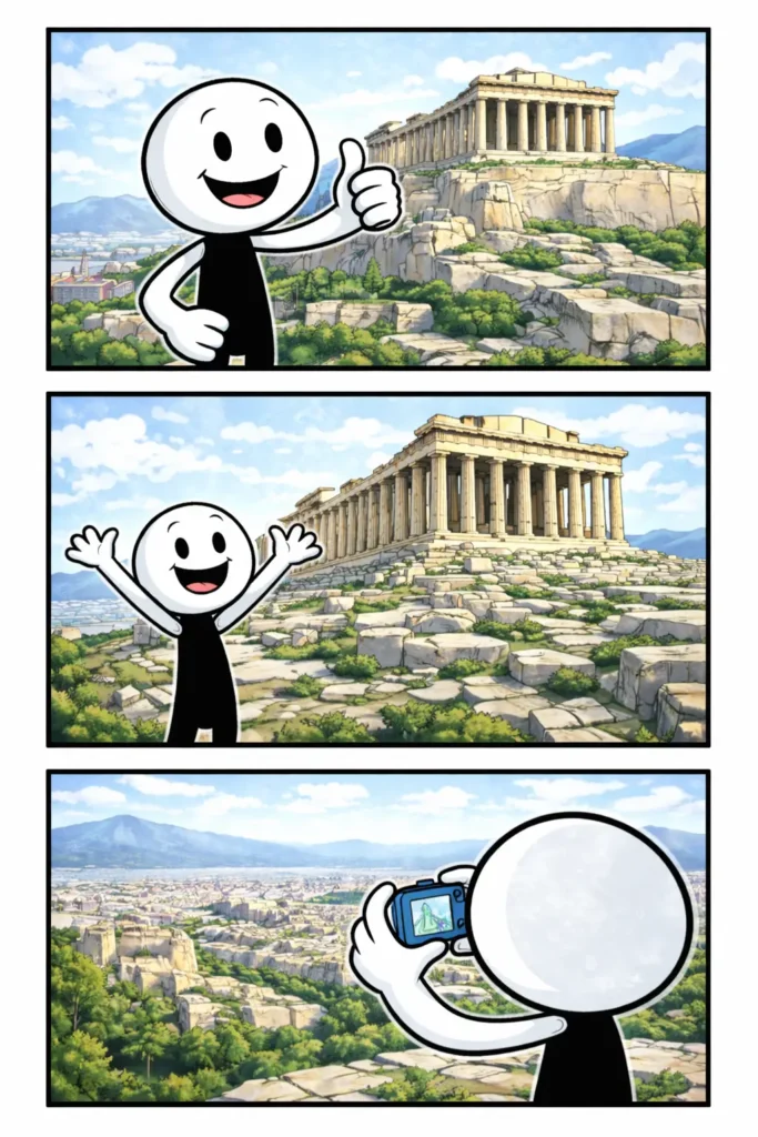 Stripafbeelding van een stickman bij de Akropolis in Athene, in kleur, zonder tekst.