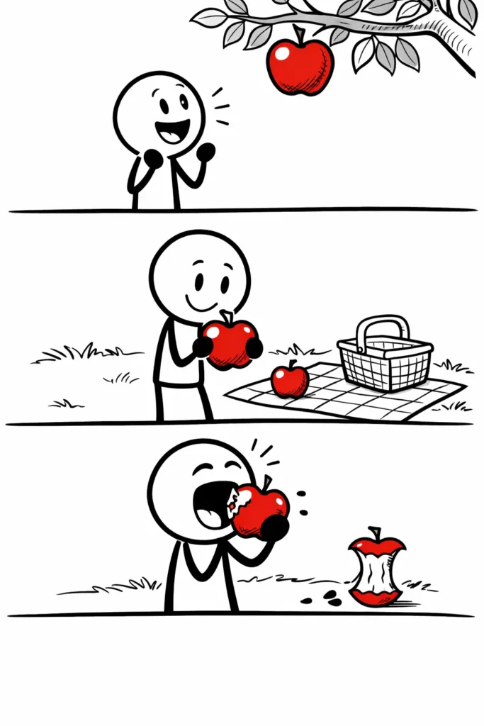 ToonWords strip over appel – stickman plukt en eet een appel.