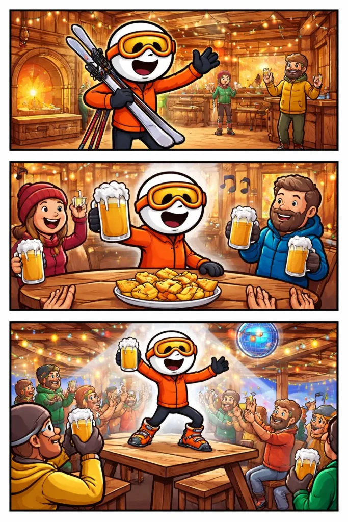 Stickman in Toonwords-stijl die tijdens Après-ski gezellig staat te feesten in een berghut na een dag skiën.