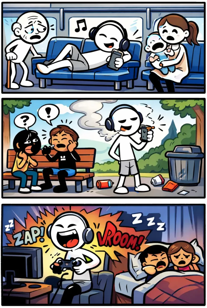 Stripafbeelding in Toonwords-stijl van een stickman die asociaal gedrag vertoont, passend bij het Nederlandse woord asociaal.