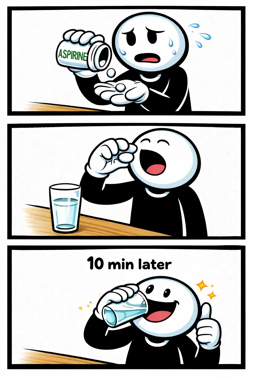 Toonwords-stripafbeelding met een stickman die aspirine inneemt en zich daarna beter voelt.