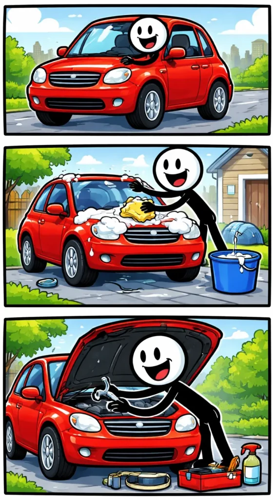 Toonwords strip met stickman en een rode auto: rijden, wassen en sleutelen aan de auto, in drie panelen onder elkaar
