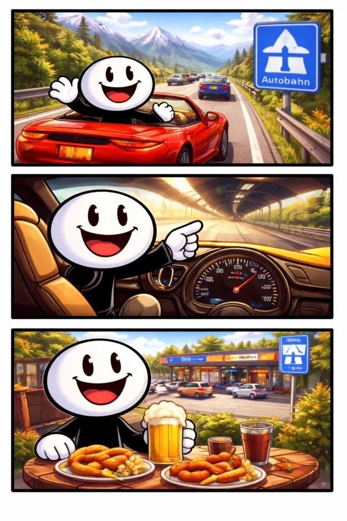 Driepanelige Toonwords-strip met een stickman op en langs een Duitse Autobahn, passend bij het Nederlandse woord “Autobahn”.