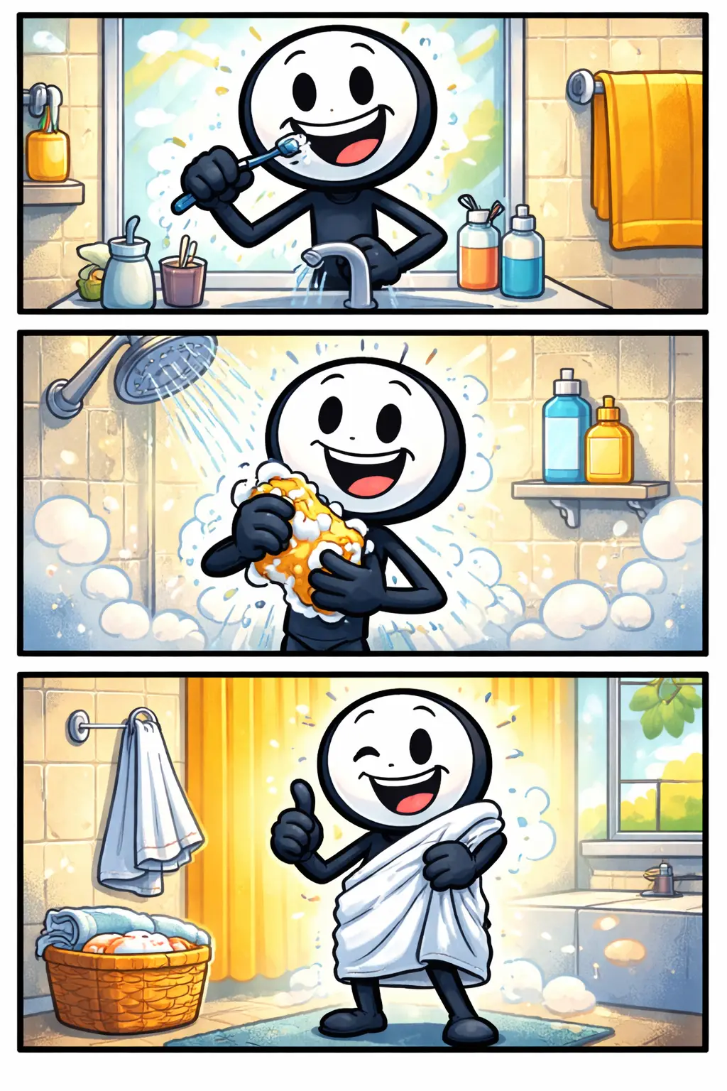 Strip van een Toonwords-stickman over het woord “badkamer” in drie panelen onder elkaar, in kleur en zonder tekst.