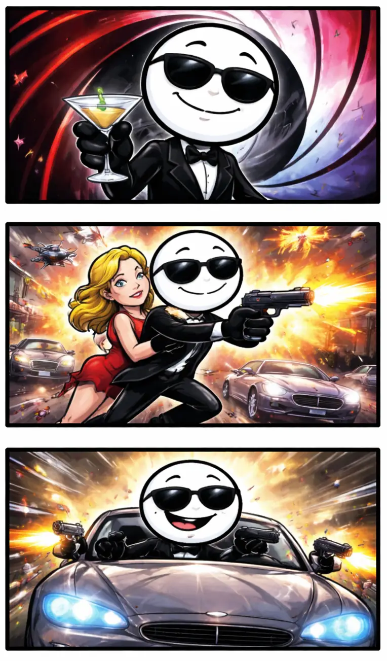 Drie-panelen stripafbeelding in Toonwords-stijl met een stickman als Bames Jond.