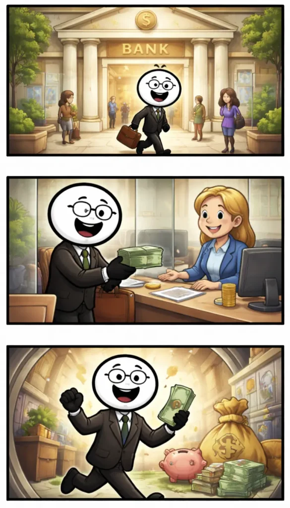Drie-panelen stripafbeelding in Toonwords-stijl met een stickman die een financiële bank voorstelt, passend bij het Nederlandse woord Bank.