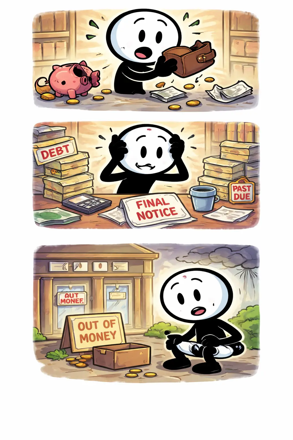 Stripafbeelding in Toonwords-stijl van een stickman die bankroet raakt en zijn lege portemonnee ontdekt, passend bij het Nederlandse woord bankroet.