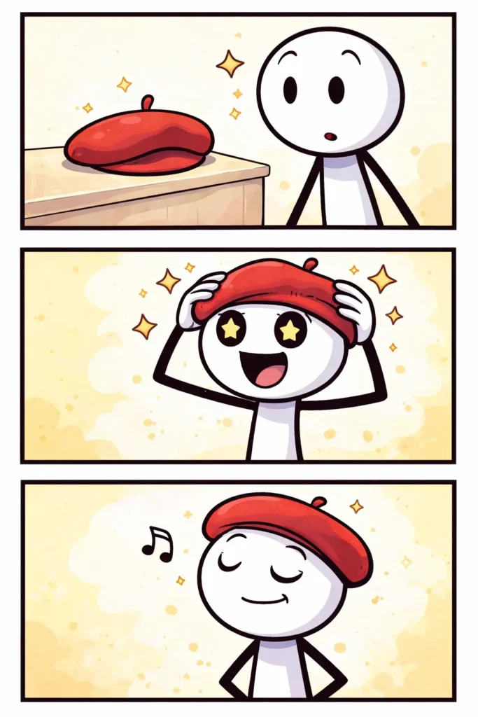 Stripafbeelding in Toonwords-stijl van een stickman die een rode baret ontdekt, opzet en trots draagt.