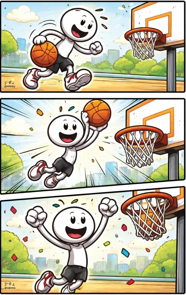 Stripafbeelding van een basketballer in Toonwords-stijl die een punt scoort met basketbal.