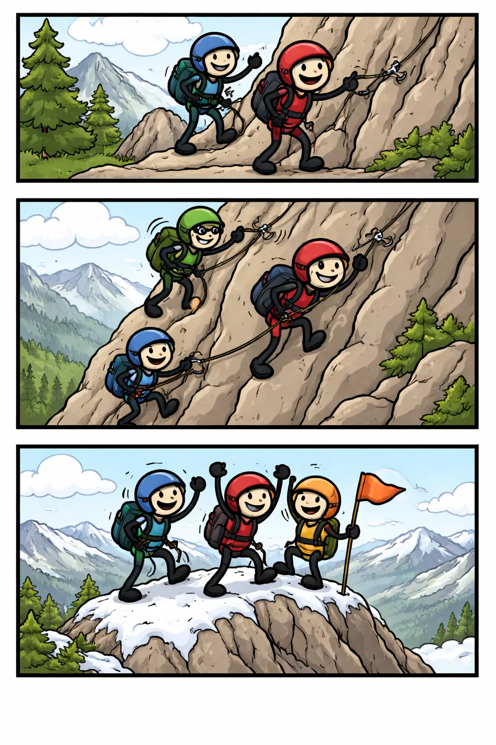 Stripafbeelding van het toonword Bergbeklimmen met stickman-figuurtjes die een berg beklimmen, gezekerd met touw, tot op de top.