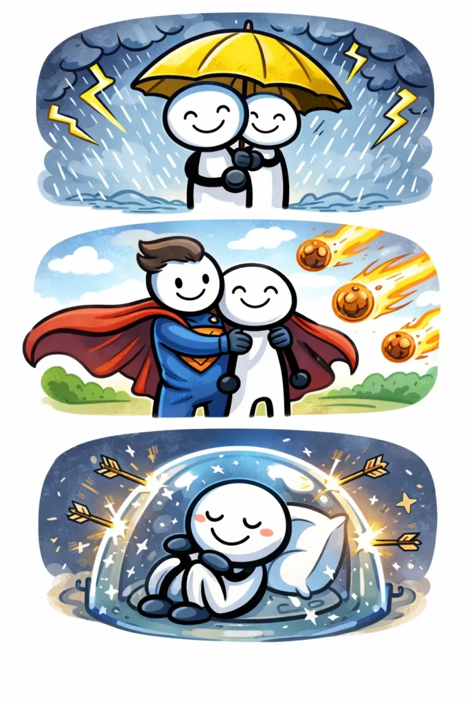 Stripafbeelding van een stickman in Toonwords-stijl over het Nederlandse woord bescherming